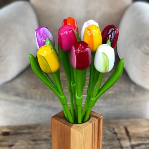 Wooden tulips, set of 9 spring tulips, 13.3&#39;&#39; flower table decor, handmade wood floral, gift for she