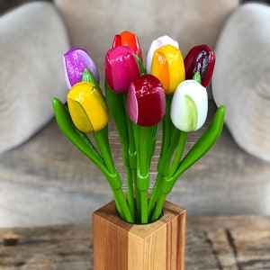 Wooden tulips, set of 9 spring tulips, 13.3'' flower table decor, handmade wood floral, gift for she