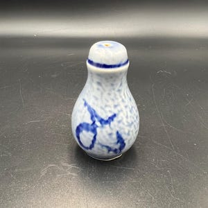 Könnte beinhalten: Kleiner Salzstreuer aus Keramik mit blau-weißem Design. Der Streuer hat einen bauchigen Körper und einen schmalen Hals mit einem kleinen Loch oben. Das blaue Design scheint handgemalt zu sein und weist abstrakte Formen auf.