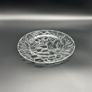 Vintage glass dish, clear glass fruit plate, snack serving plate with fruit ornament, cookie dish, large glass plate