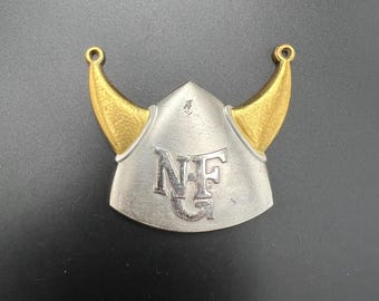 Vintage viking hat pendant, helmet NFG letter metal order, medallion, medal, Sporrong, Sweden