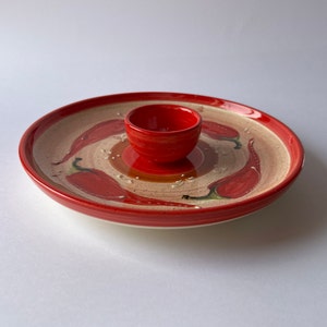 Vintage divided plate, serving platter, pottery serving snack dish, hand painted red chilli pepper ceramic plate with dip pot