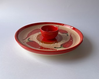 Vintage divided plate, serving platter, pottery serving snack dish, hand painted red chilli pepper ceramic plate with dip pot