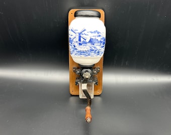 Vintage coffee mill, antique dutch blue Delft windmill ceramic coffee grinder, Wall mounted coffee bean grinder, manual mill