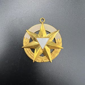 以下が含まれることがあります： 中央に白い三角形がある、金色の星型のメダル。メダルには吊り下げ用のリングが上部にあり、月桂樹の冠と白いストライプのリングで囲まれています。