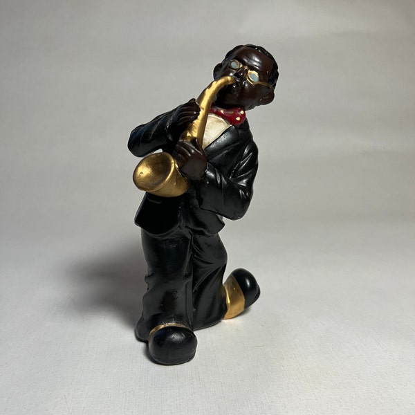 Vintage Jazz figurine, clay American saxophonist black figurine, ceramic sax player statuette, blues band statue, jazzman figure