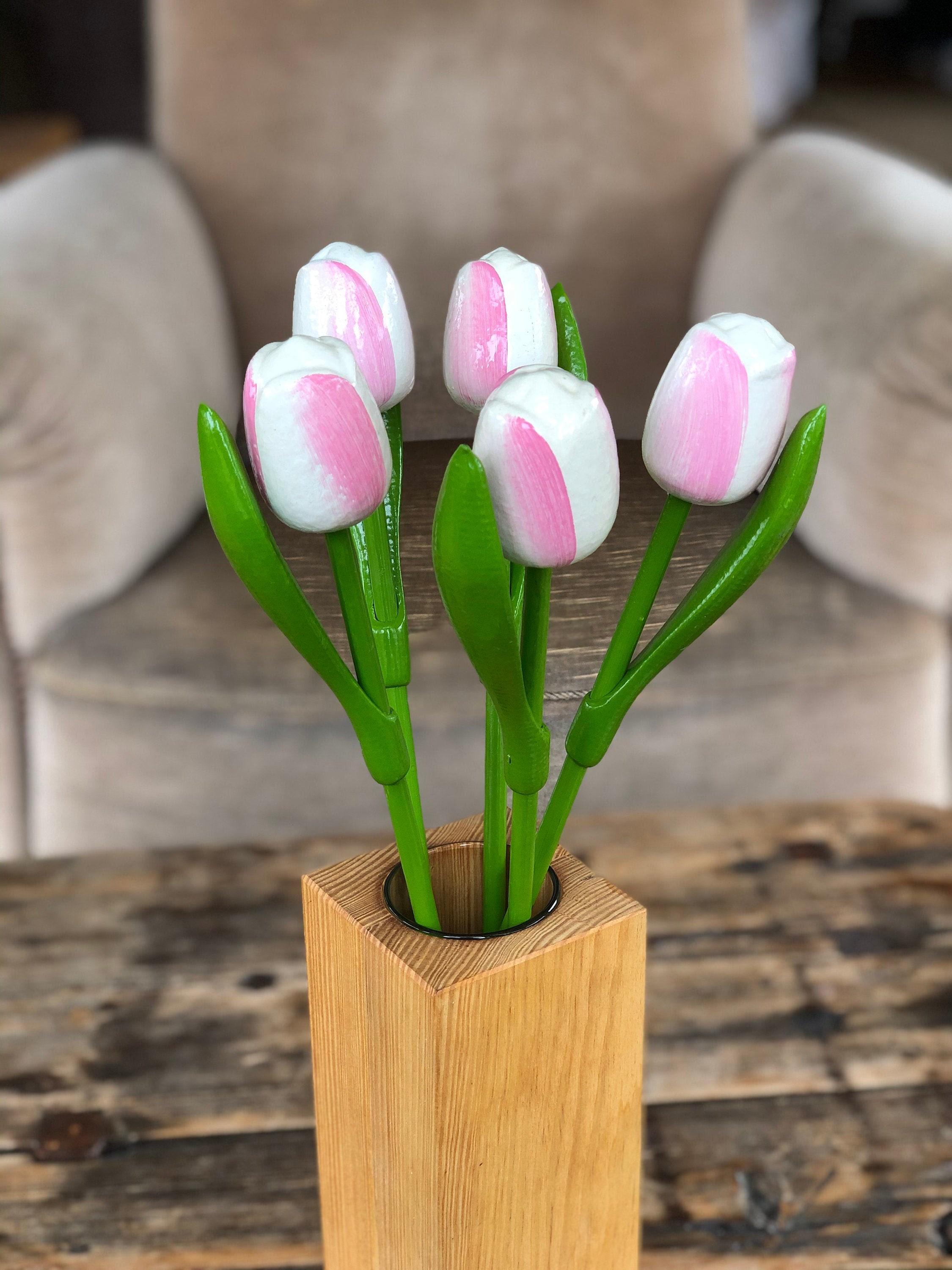 Wooden Tulips Set of 5 White Pink Tulips 13.3'' Etsy