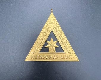 Vintage triangle medal, Kunskap Ar Makt star metal order badge, Knowledge is Power medallion, pendant, Sporrong, Sweden