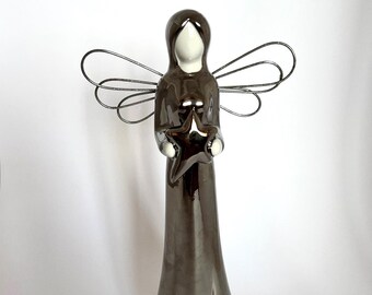 Vintage Chrome Silver Angel Figurine, Star Wings, Ceramic Decor