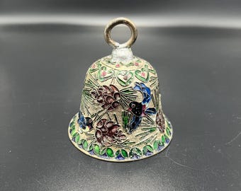 Vintage Cloisonné Bell, Chinese Enamel Hand Bell, Floral Bird Cloisonne Bell, Collectible Decorative Bell, Asian Art Brass Bell