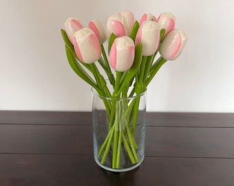 Tulipanes de madera, CANTIDAD SELECCIONADA: tulipanes rosados blancos, decoración de mesa de flores de 13,3'', floral de madera hecho a mano, regalo para ella