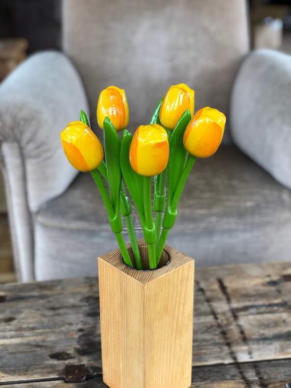Tulipani in legno, set di 5 tulipani gialli, decorazione da tavolo floreale da 13,3'', fiori in legno fatti a mano, regalo per lei - Italia