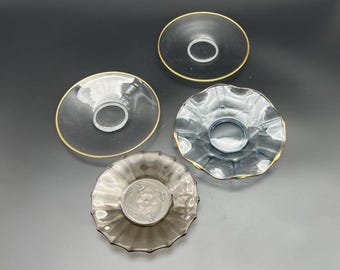 Vintage dessert plate, set of 4 different glass cake plates, glass saucers or coasters, clear glass base of teacup, gold trim