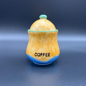 Vintage coffee jar, antique yellow ceramic coffee canister with lid, earthenware coffee dish, coffee storage container with boat