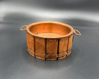 Vintage copper bowl, wooden sides metal dish with handles, copperware sugar bowl pot, snack pot, candy dish, flower pot