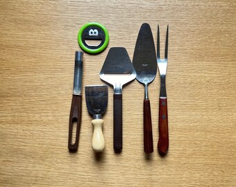 Vintage kitchen utensils, set of kitchen tools, stainless steel cutlery, butter knife, meat fork, apple core remover, dessert serve spatula