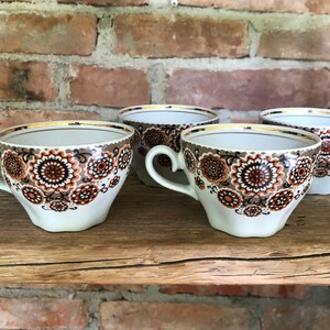 Vintage tea cup, set of 4 ceramic coffee cups, RPR Riga Arija porcelain, gold trim teacup set