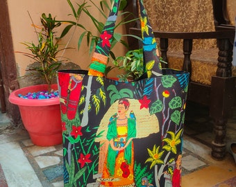 Indische handgemachte Damen Umhängetasche aus Baumwollstoff Handtasche, große Boho Einkaufstasche, Farida Kahlo Handtasche