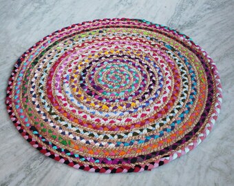 Indian Handmade Round Rug, Carpet Rag Rug, Cotton & Jute Rug Door Mat Chindi Rug, Floor Decorate Rug