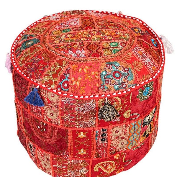 Indian Handmade Vintage Patchwork Ottoman Pouf Cover, Foot Stool