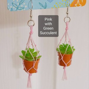 Puede incluir: Pendientes colgantes de macetero rosa con una suculenta verde en una maceta peque&ntilde;a de terracota. Los pendientes est&aacute;n hechos con cuerda rosa y tienen borlas.