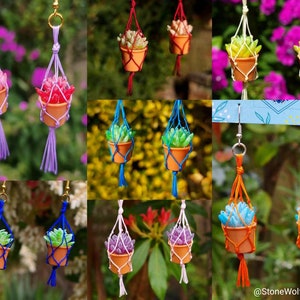 May include: A set of 10 pairs of handmade macrame earrings featuring miniature potted succulents in various colours. Each pair features a different colour of macrame cord and a different colour of succulent.