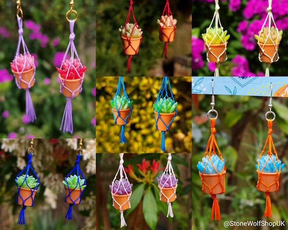 Mini Macramé Plant Hanger Earrings | Customisable Miniature Cactus Pot | Potted Succulent Aloe Miniatures Knotted Jewellery
