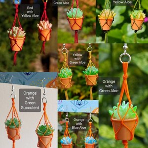 Puede incluir: Un conjunto de pendientes de macram&eacute; hechos a mano con una variedad de colores y plantas suculentas. Los pendientes est&aacute;n disponibles en rojo con aloe amarillo, rojo con aloe verde, caqui con aloe amarillo, amarillo con aloe verde, naranja con suculenta verde, naranja con aloe verde y naranja con aloe azul.