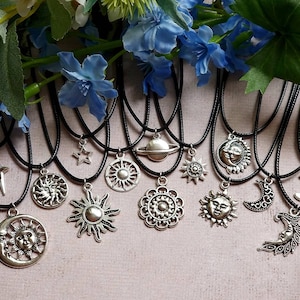Silver Celestial Charm Necklaces | Sun Moon Star Planet | Black Rope Cord Jewellery