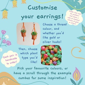 Puede incluir: Pendientes de suculentas personalizables con opci&oacute;n de ganchos dorados o plateados. Elige tus colores favoritos o explora las combinaciones de ejemplo para inspirarte. Cada par est&aacute; hecho a mano por encargo. @StoneWolfShopUK