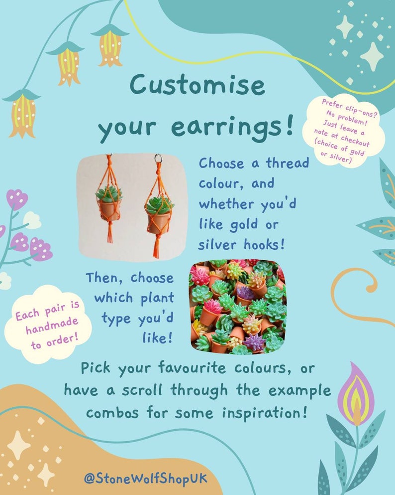 Puede incluir: Pendientes de suculentas personalizables con opci&oacute;n de ganchos dorados o plateados. Elige tus colores favoritos o explora las combinaciones de ejemplo para inspirarte. Cada par est&aacute; hecho a mano por encargo. @StoneWolfShopUK