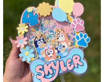 Bluey Birthday Cake Topper: Pink Shaker, Personalized Party Decor