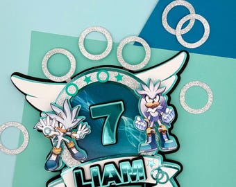Silver Sonic Birthday Cake Topper, Personalized Cartoon Party Decor Soniic,
