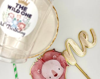 Watercolor Lion Cake Topper, Gold Glitter, Wild One Safari Theme