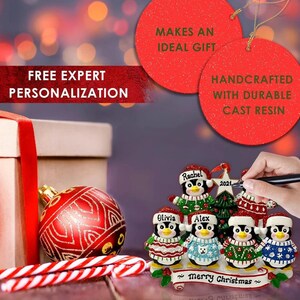 May include: Personalized Christmas ornament featuring a family of five penguins wearing festive sweaters. The ornament is handcrafted from durable cast resin and includes the names "Rachel", "Olivia", "Alex", and the year "2021". The ornament also includes a banner with the text "Merry Christmas".