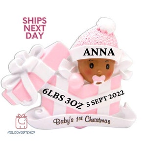 Girl Baby's 1st Christmas Ornament - Brown African American Baby Girl Christmas Ornament Black Baby Girl Present Personalized Baby Girl 2023