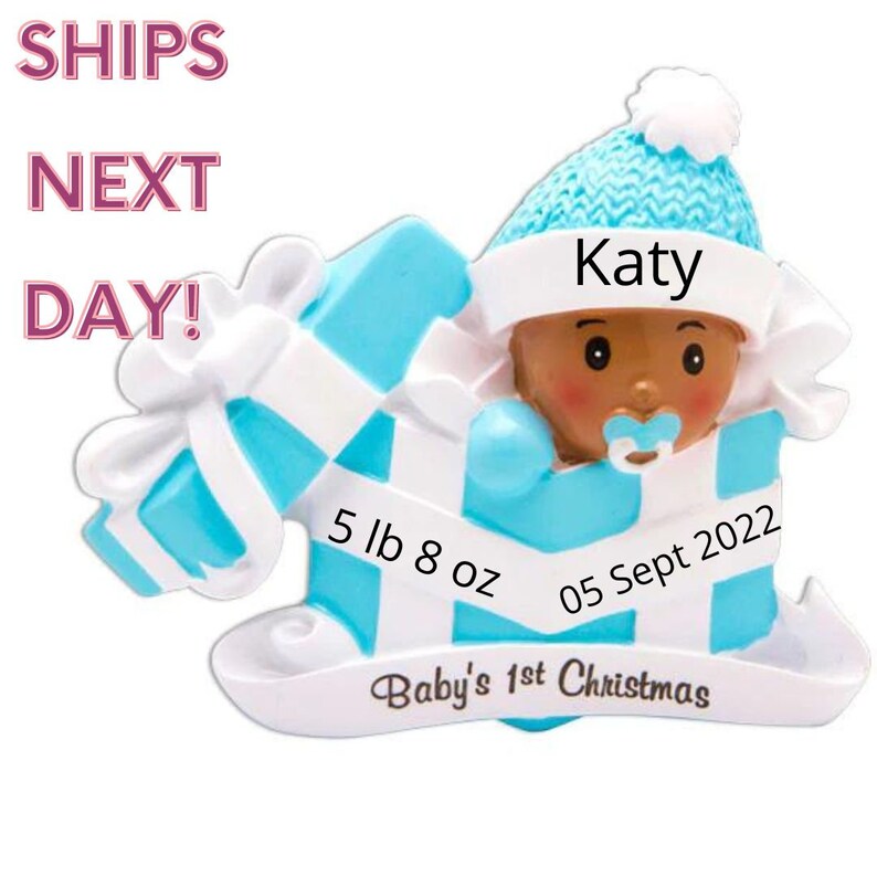 Personalized 2024 Baby Boy Ornament,African American, Newborn Christmas,Baby's First Christmas Ornament 2025 Blauw