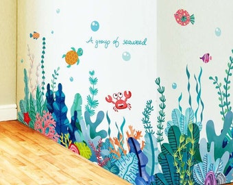 Underwater world seaweed plant wall stickers crab, turtle, fish decalsLiving room bedroom baby room personality decal