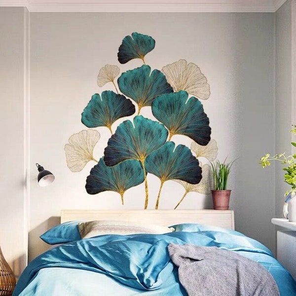 Green leaf wall sticker, ginkgo leaf decal, leaf wall sticker,Living Room Wall Poster Green Leaf Kitchen Mural Peel And Stick