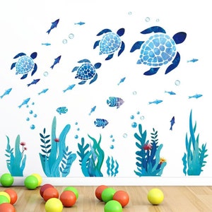 Under Sea World Watercolor Decals Turtle Wall Decal Fish Decal Seagrass Decal for Tiles, Walls and Cabinets, Bathroom Décor, Bathroom Decals