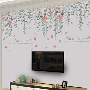 Romantic hanging flowers leaf vine wall stickers,living room home decor,TV set wall decal, pink floral plants art murals, F220