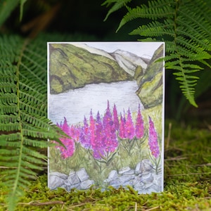 Fjord and fireweed flowers drawing greeting card from Norway mountains hike lovers gifts illustrated note card