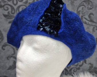 French Style Beret Wool Hat, Blue Hat, Wool Beret , French hat Blue, Felted Hat, Felted Beret, Handmade Hat, Warm hat, Unique  Hat, Glitter