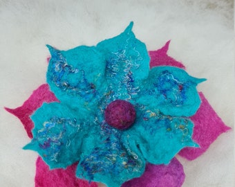 Pink-Blue Flower Brooch, Wool Flower, Handmade Merino Brooch, Pink and Blue Floral Brooch, Felted Colorful Floral