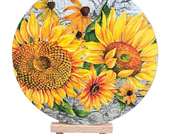 Sunflower decoration, wood plaque with sunflowers , decoupage gift with autumn flowers , vibrant yellow flowers,floral gifts, sunflower gift