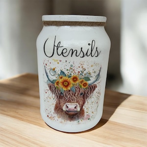 Highland cow utensil  jar , highland cow gifts , kitchen storage canister for utensils with a lovely highland cow