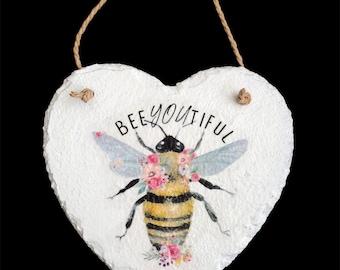 Hanging slate heart with bee, Beeyoutiful slate heart , bee slate hanging heart , bee gifts , beeyoutiful gifts ,