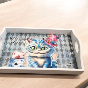 Cheshire Cat sofa armrest tray, spring loaded legs tray, Cheshire Cat gifts  , alice in wonderland gifts,  we’re all mad here ,alice gifts