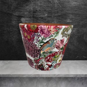 Bird of paradise tropical flower plant pot , terraotta pot hand decorated with floral tropical flower design and birds of paradise
