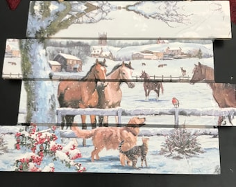Animals winter scene slatted plaque, horses , dog , cat , Robin , donkey , animals in the snow picture , winter scene with animals picture